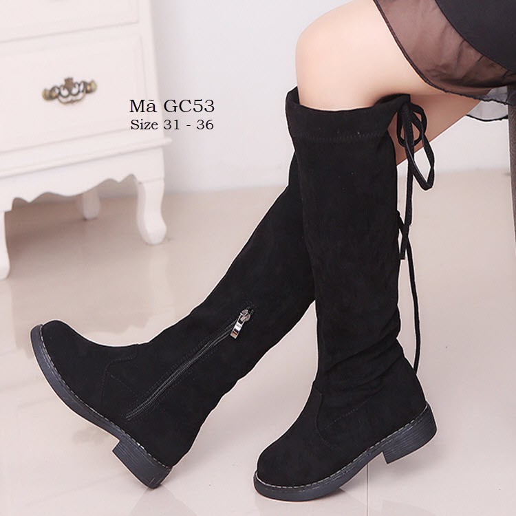 Giày boot cổ cao đến đầu gối cho bé gái thắt dây khóa kéo thời trang full size 6 - 12 tuổi GC53 mới về