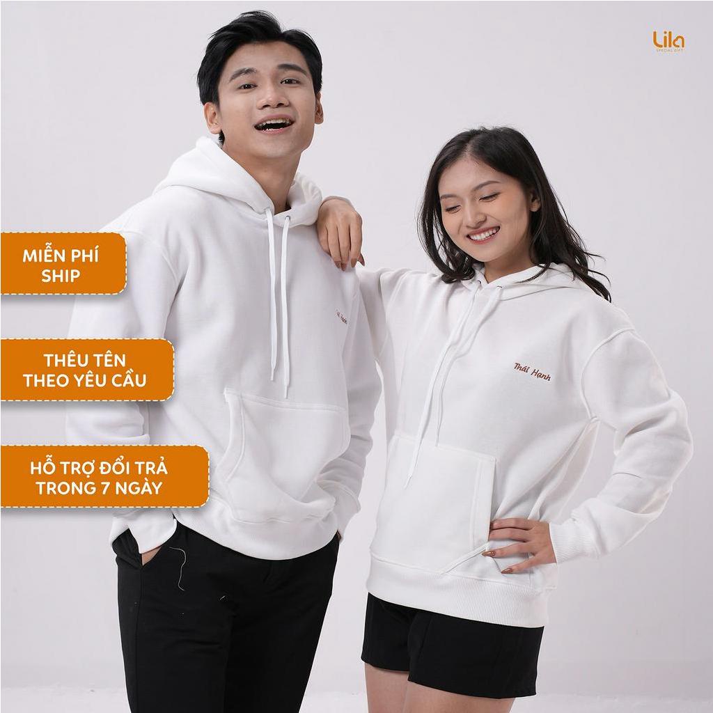 Áo HOODIE trơn đôi 2 màu THÊU TÊN yêu cầu thời trang nam nữ trẻ trung chất VẢI NỈ co dãn form rộng - LILA