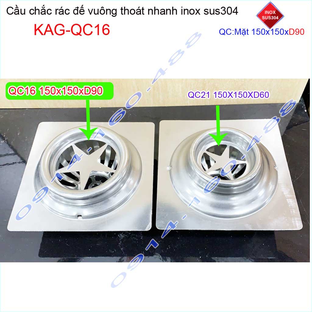 Cầu chắn rác đế vuông 15x15cm D90 KAG-QC16, Phễu thoát nước sân thượng SUS304 ống 9cm thoát nhanh chắn rác tốt