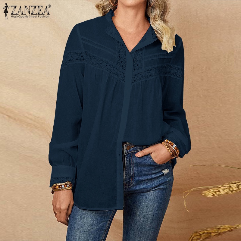 Áo sơ mi ZANZEA dài tay cổ bẻ phối ren phong cách Châu Âu thời trang cho nữ