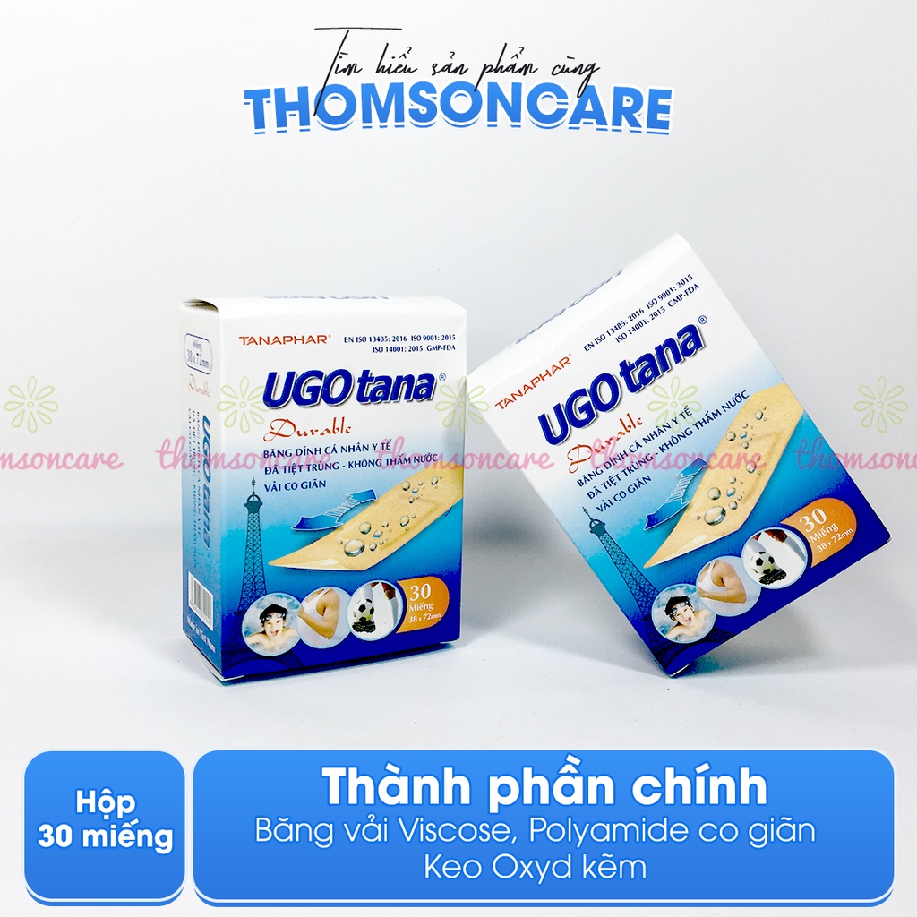 Hộp Băng dính cá nhân y tế UGOTANA miếng to 38x72mm Hộp 30 miêng Không thấm nước, băng vết thương đứt tay