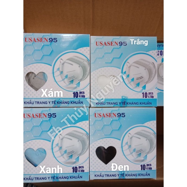 10 cái - Khẩu trang y tế USASEN 95 - màu  xanh,  trắng, đen,  xám