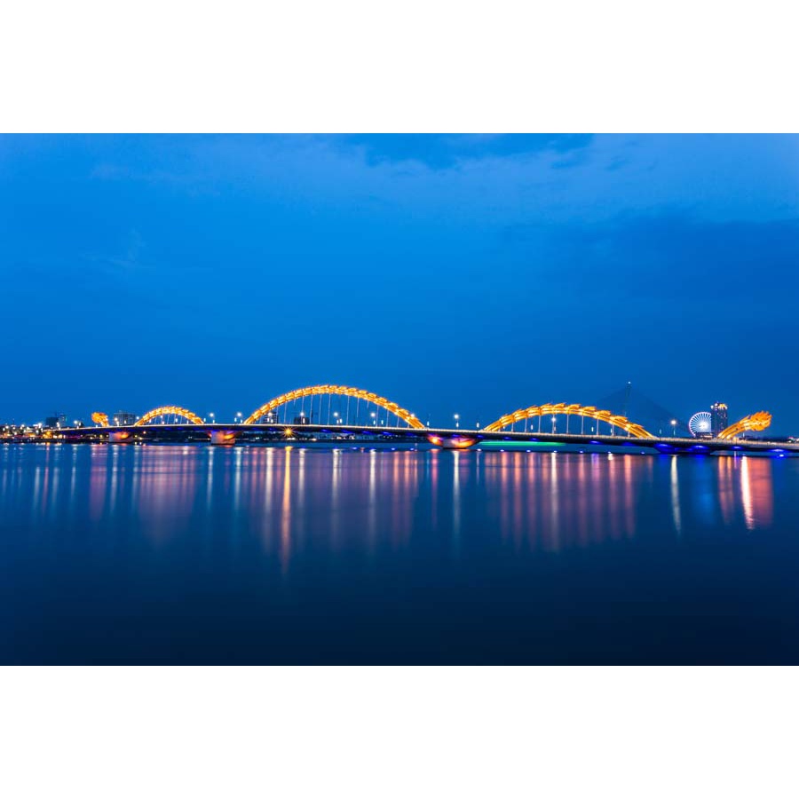 Tranh dán tường Đà Nẵng Hội An 3D, hình ảnh cầu rồng, cầu vàng may mắn, thành phố Đà Nẵng về đêm lung linh