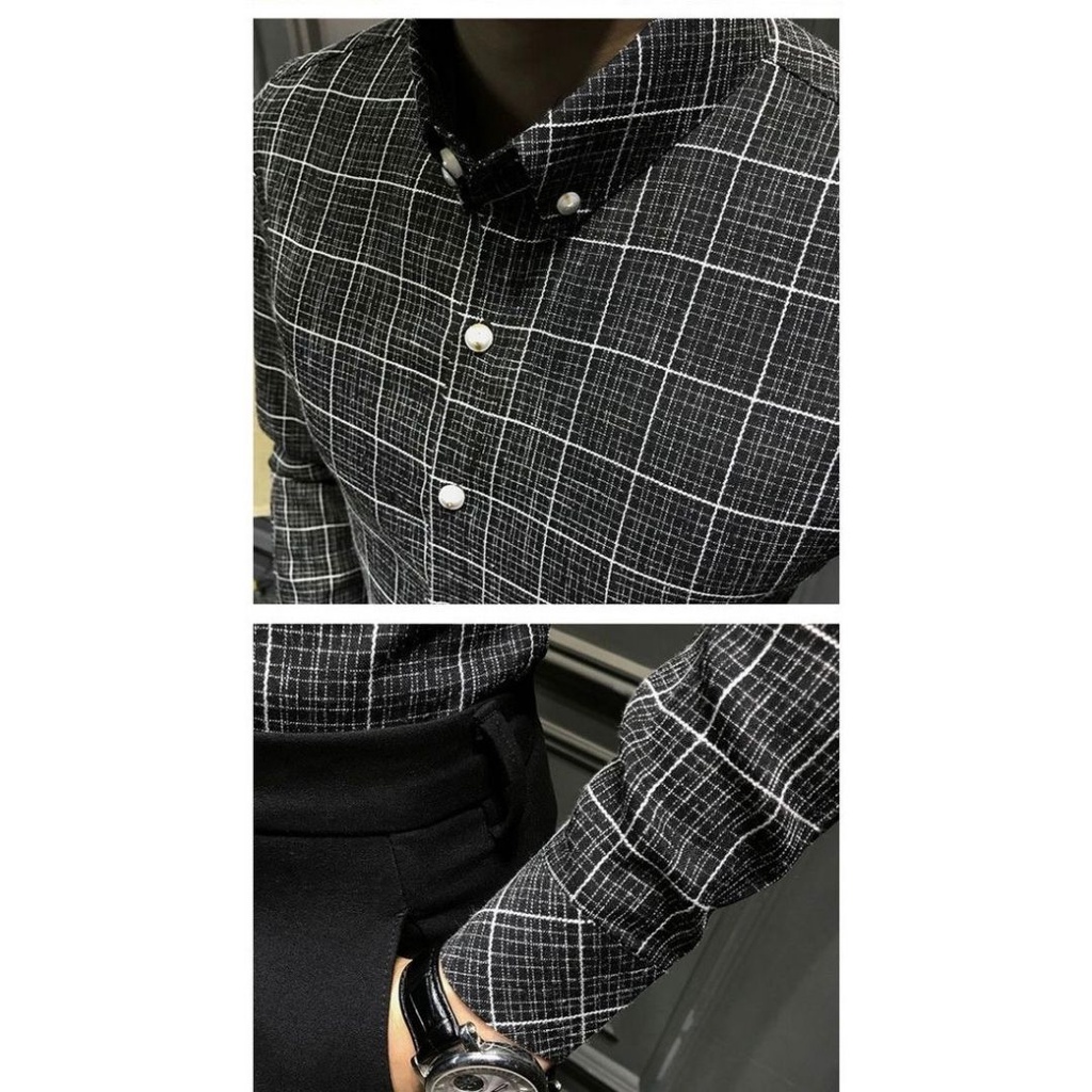 áo sơ mi nam tay dài đen kẻ caro kiểu hàn quốc cao cấp -- dáng ôm body , vải lụa cotton không nhăn co giãn nhẹ | BigBuy360 - bigbuy360.vn