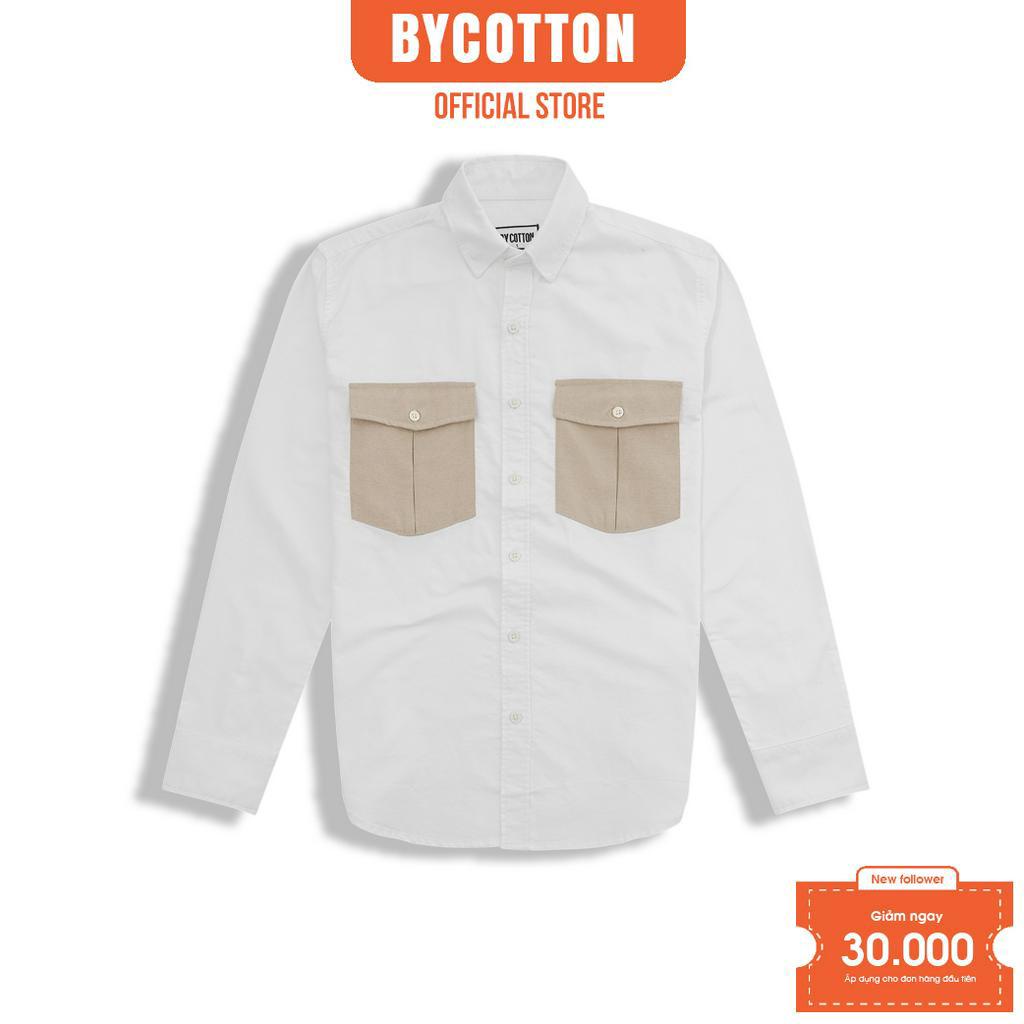 Áo Sơ Mi Nam Dài Tay Trơn BY COTTON White Mix Brown 1222