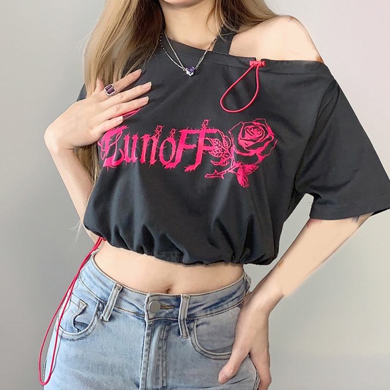 Áo Thun Crop Top Tay Ngắn Hở Vai In Chữ Và Hoa Hồng Phối Dây Rút Thời Trang Cho Nữ