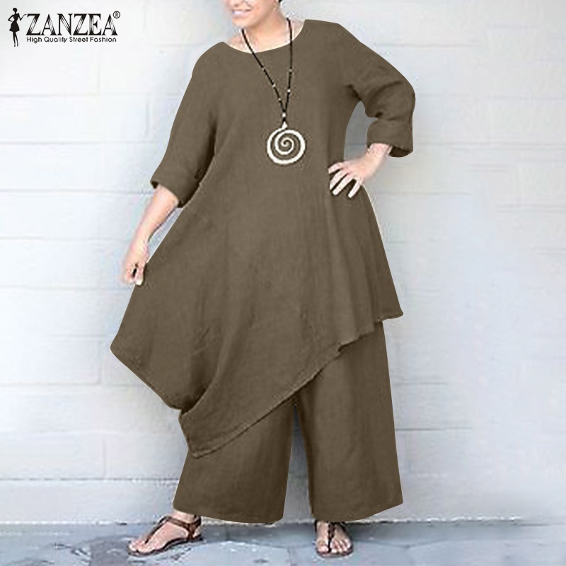 Zanzea Set 2 Món Áo Thun Ngắn Tay Cổ Tròn + Quần Dài Ống Rộng Thời Trang Nữ