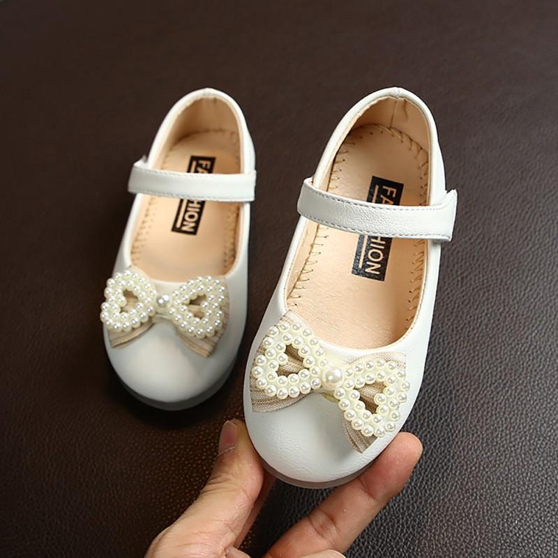 Giày búp bê da PU đính nơ và ngọc trai xinh xắn dành cho bé gái