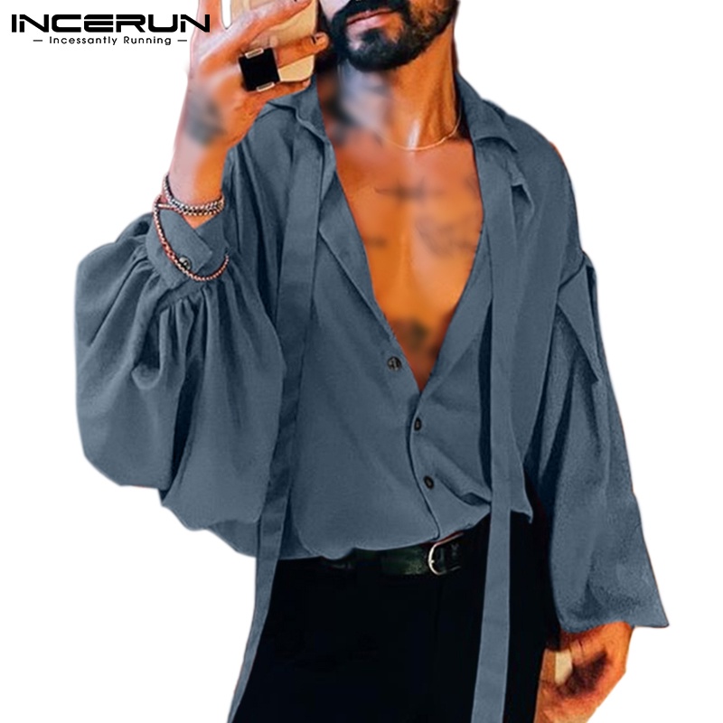 Áo sơ mi INCERUN tay dài phồng dáng rộng phối ruy băng phong cách xuân thu cho nam