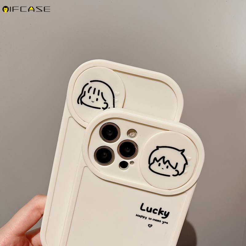 Ốp Điện Thoại Dẻo Họa Tiết Hoạt Hình Cặp Đôi Có Nắp Trượt Bảo Vệ Camera Cho iPhone 13 12 11 Pro Max XS Max XR X