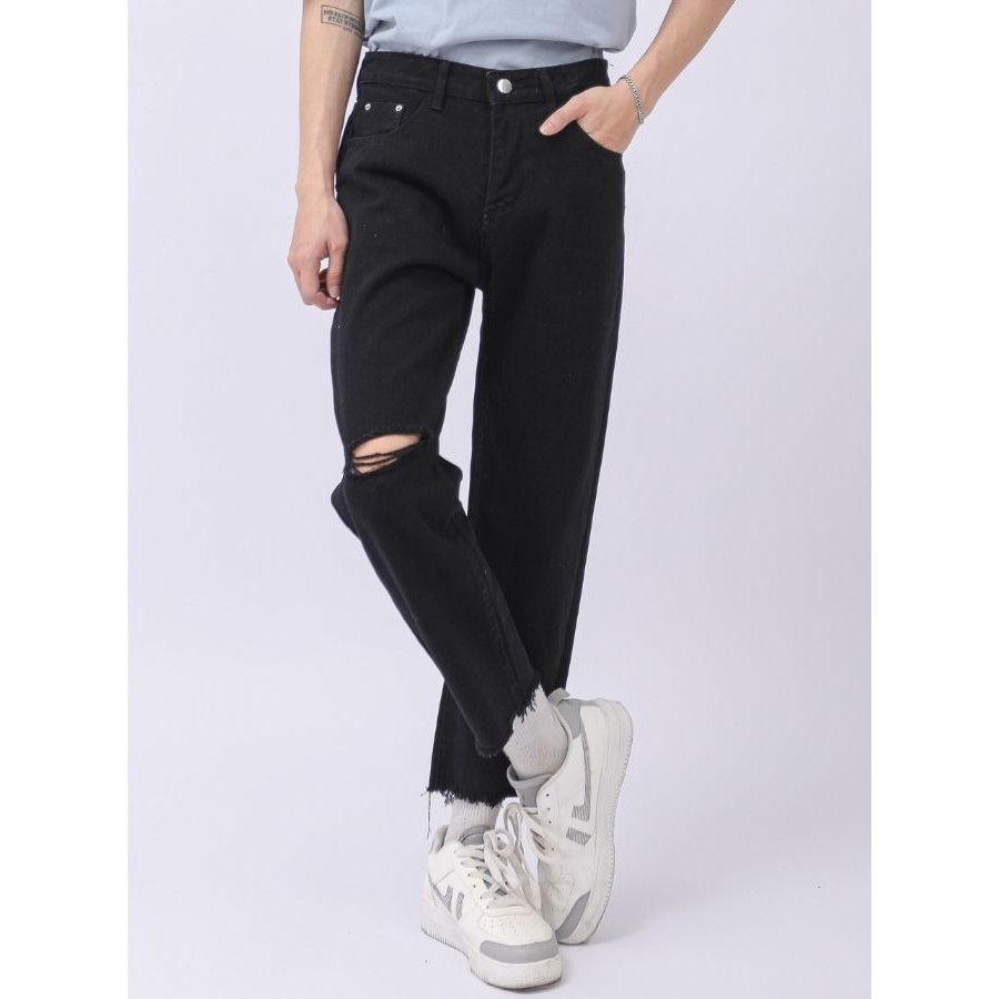 Quần Jean Nam Rách Gối MANDO Vải Bò Cao Cấp 2 Màu Xanh Đen Form Suông Rộng Basic Unisex Thời Trang Hàn Quốc QJN056 | BigBuy360 - bigbuy360.vn