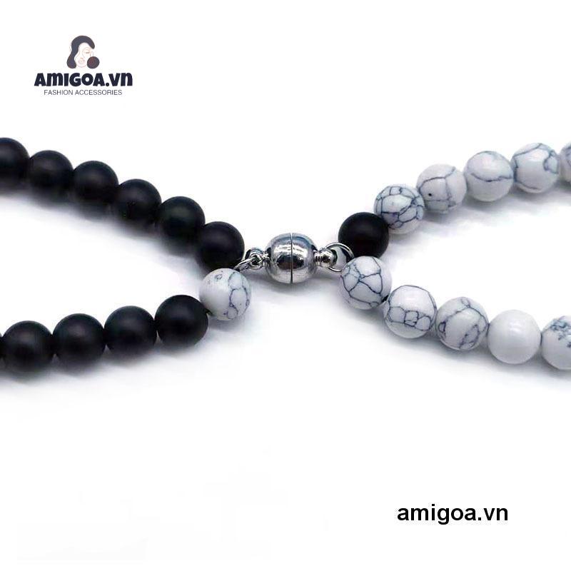 Vòng Tay Chuỗi Hạt Nam Châm Màu Trắng Đen Thời Trang Cho Cặp Đôi