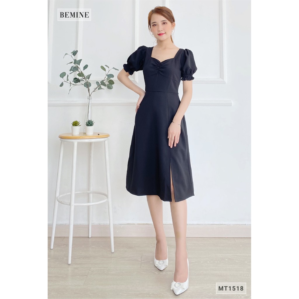 Đầm cổ tim nhún ngực BEMINE MT1518DEN | BigBuy360 - bigbuy360.vn