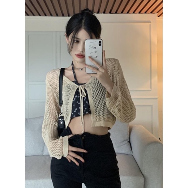 Set Áo Hai Dây + Áo Khoác Cardigan Họa Tiết Hoa Mỏng Chống Nắng Thời Trang Cho Nữ