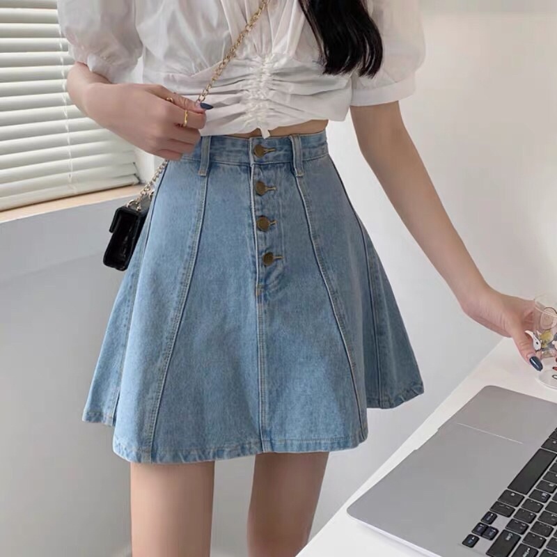 Chân váy bò cạp cao, dáng xoè