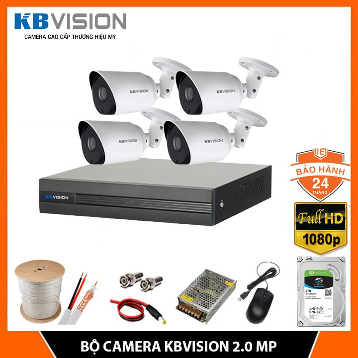 Trọn Bộ Camera giám sát KBVISION 2.0MP - Bộ 4 Camera FHD 1080P, Kèm HDD (0GB/500GB/1TB/2TB), Đủ phụ kiện lắp đặt