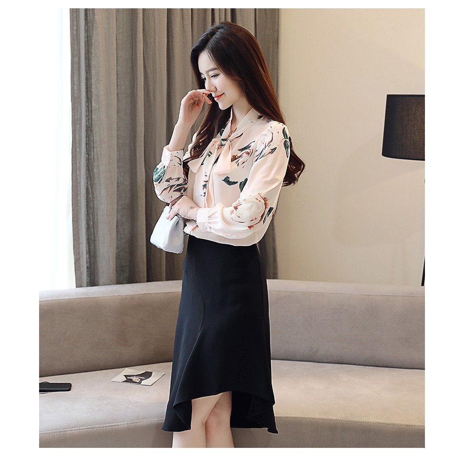 Áo sơ mi công sở nữ hoa hồng cổ nơ