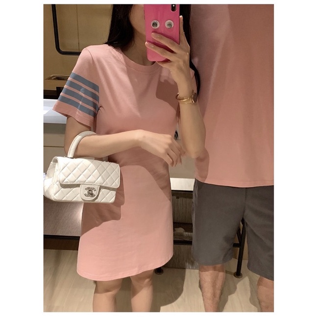 Áo váy thun đôi hồng suông tay váy mix 3 sọc dễ thương Forever Couple Store