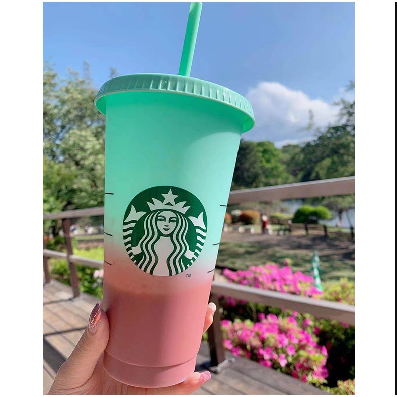 Cốc Nhựa Uống Nước Starbucks Đổi Màu 24hrs Có Nắp Đậy Tái Sử Dụng Được