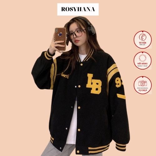 Áo bomber 93 LB nữ form rộng Áo khoác bomber nữ form rộng nỉ kiểu bóng chày unisex hàn quốc ulzzang_ ROSYHANA