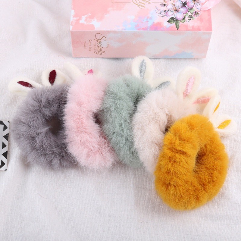 KAL03-Dây buộc tóc Scrunchies bằng vải lông hình tai thỏ dễ thương