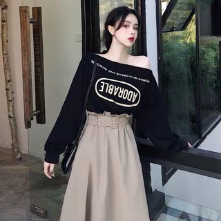 SET Áo trễ vai thun zip kèm Chân váy dài✌️Ảnh thật
