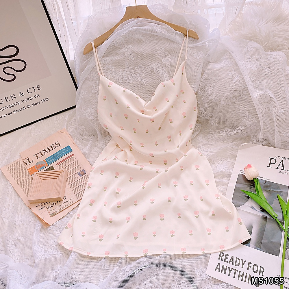 Váy Ngủ Cổ Đỗ MAI SLEEPWEAR Lụa Mặc Nhà Hoạ Tiết Trẻ Trung Cao Cấp MS1055