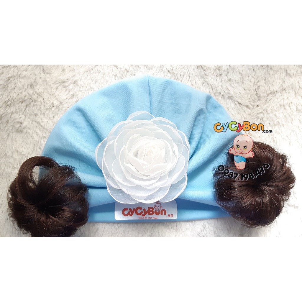 [Free Ship + Hoàn Xu] Mũ Nón Turban Tóc Giả Cho Bé Gái Màu Hồng Xanh Đính Bông Hồng Trắng Chất Vải Cotton Co Giãn