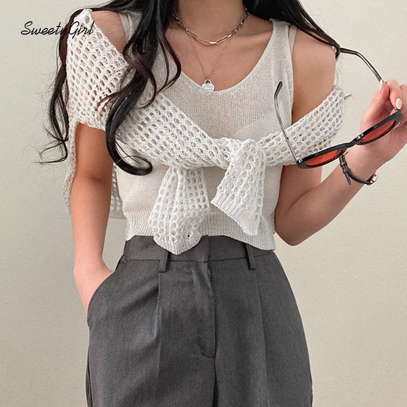 MsMona SweetyGirl Women's 2022 Fashion Solid Color Black Round Neck Long Sleeve Knitted Hollow Out Loose Fit Sexy All Match Casual T-shirt Tops