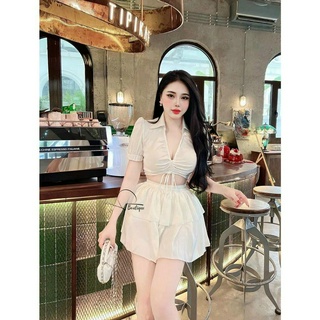 Set váy nữ sang chảnh, váy nữ xinh áo tay ngắn croptop xẻ ngực rút dây phối chân váy ngắn hot girl mặc đi dự tiệc xinh