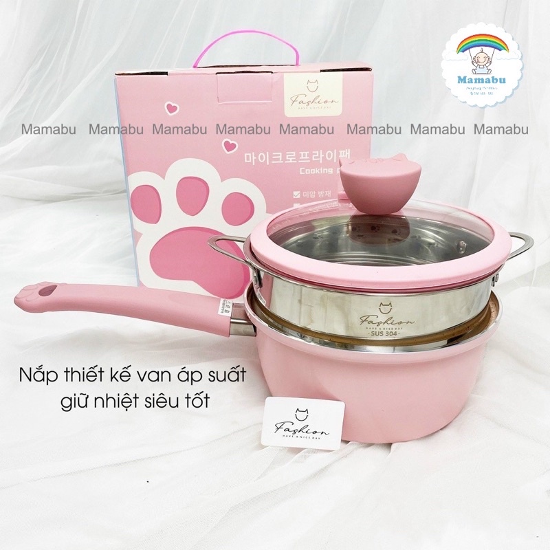 Bộ Nồi Kèm Xửng Hấp Cho Bé Ăn Dặm Hình Mèo Fashion Baby Cat Chống Dính Cao Cấp Dùng Được Mọi Loại Bếp Mamabu