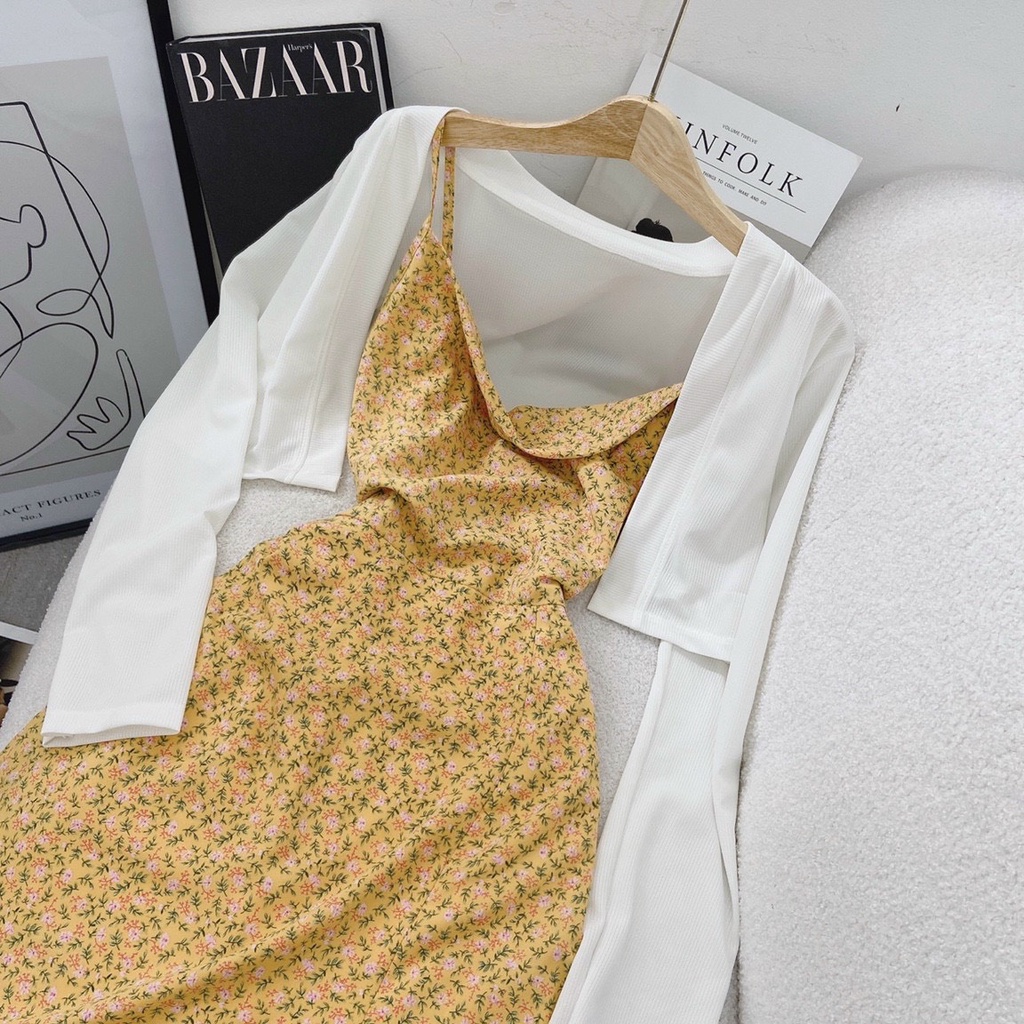 Set đầm 2 dây hoa kèm khoác cardigan màu vàng siêu tôn da | BigBuy360 - bigbuy360.vn