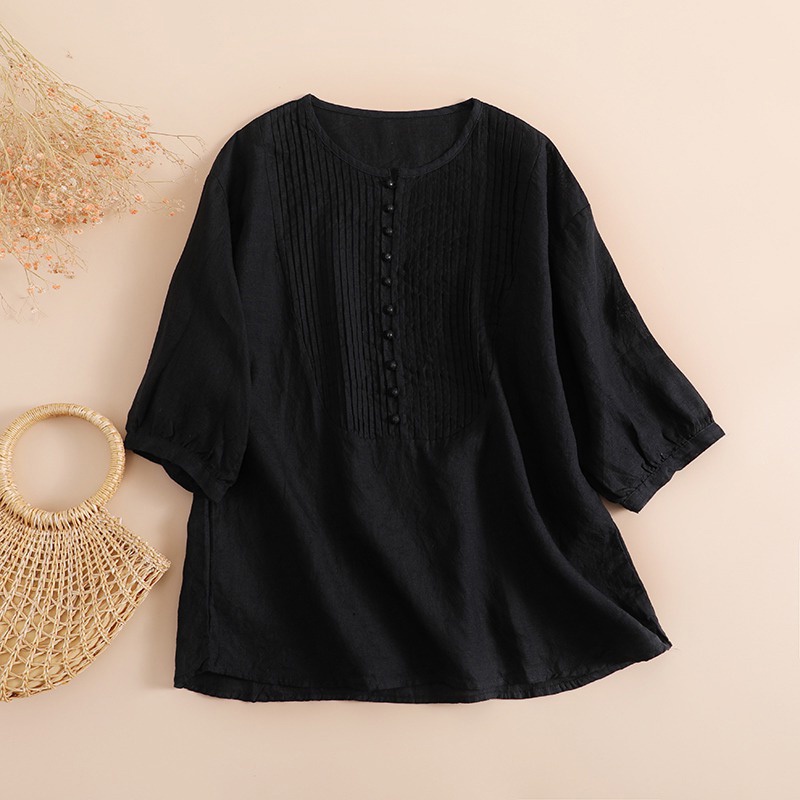 Áo kiểu bằng cotton lanh mát tay dài thời trang nữ phong cách Nhật Hàn