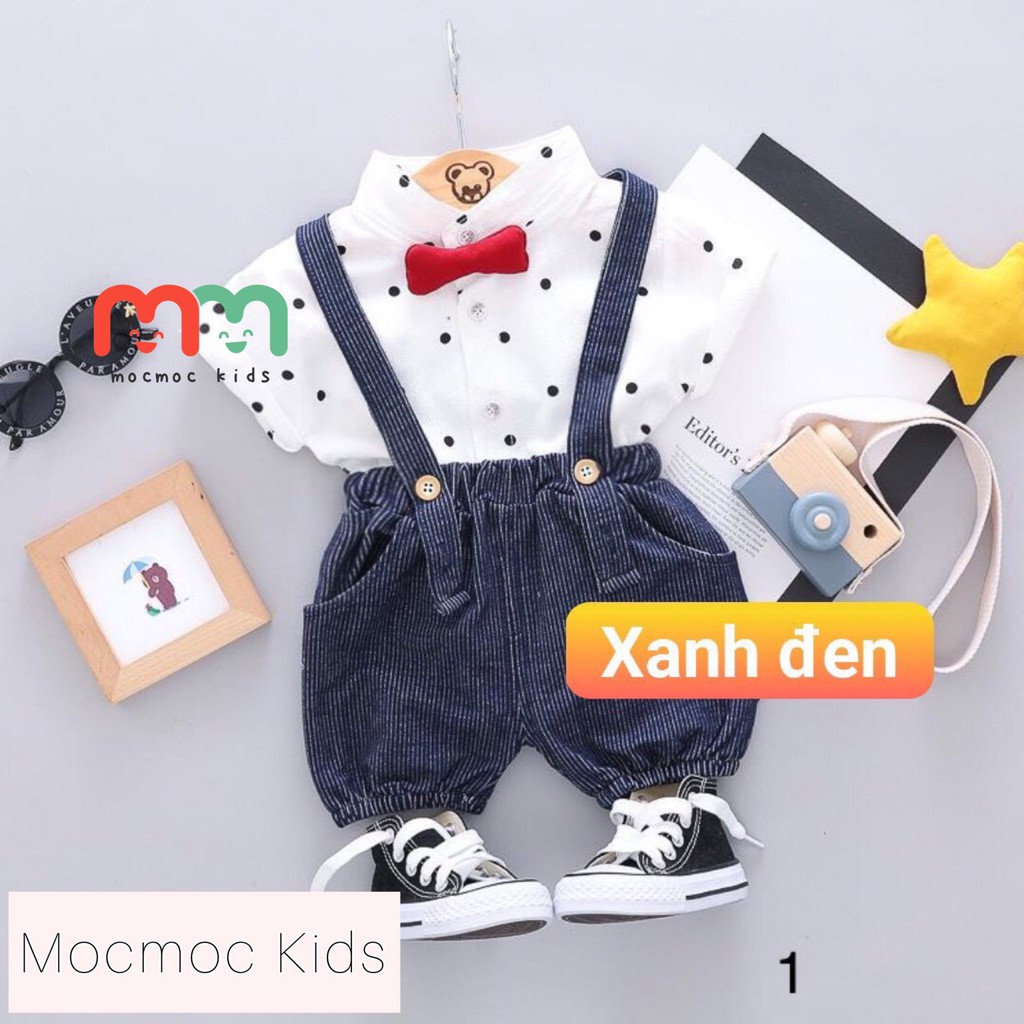 Sets yếm nhung cho bé trai phối áo sơ mi và nơ đi tiệc đi học đi chơi, bé từ 8-25kg