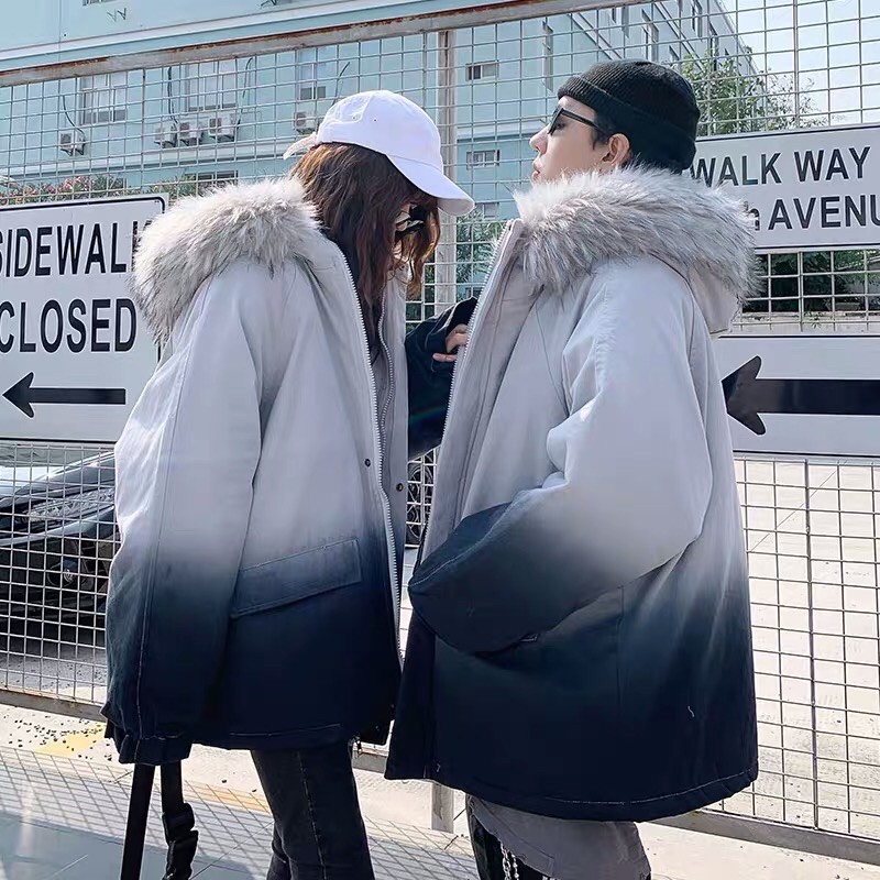 Áo khoác phao trần bông ombre tie-dye couple mũ lông oversize Ulzzang siêu chất ❤️