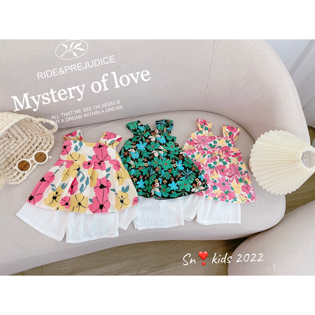 Bộ 2 dây hoa bé gái, Sét áo thô hoa to cộc nơ sau lưng kèm quần short đũi trắng cho bé