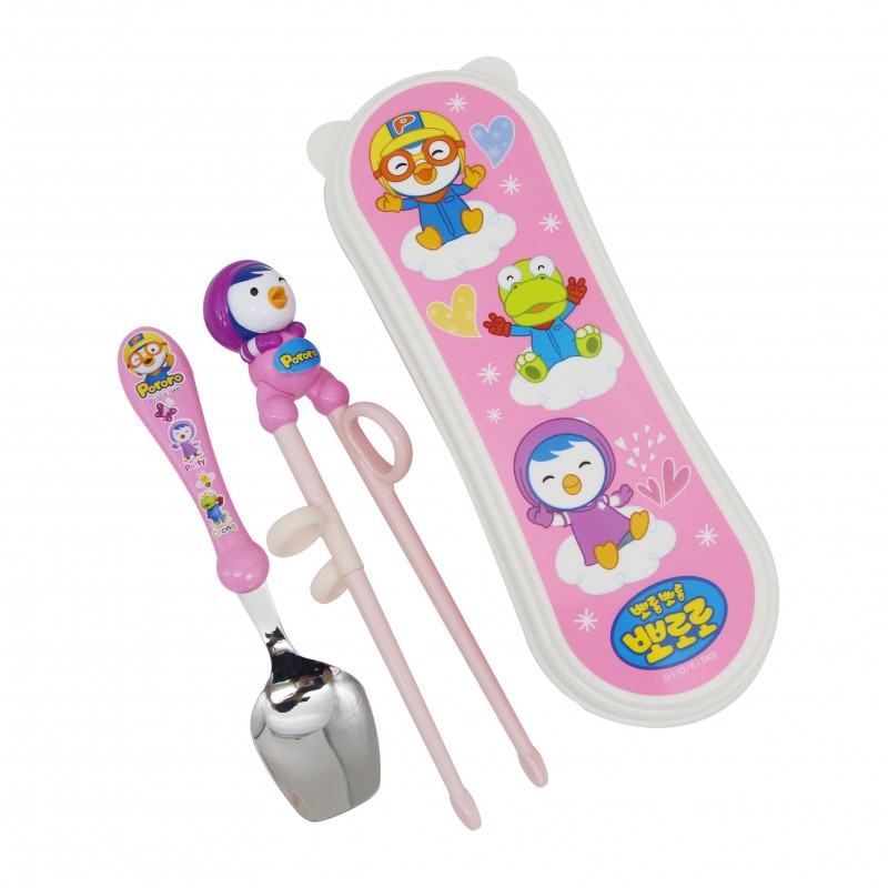 Set tập ăn 2 món (thìa, đũa nhựa xỏ ngón) Edison - hình Pororo, có hộp