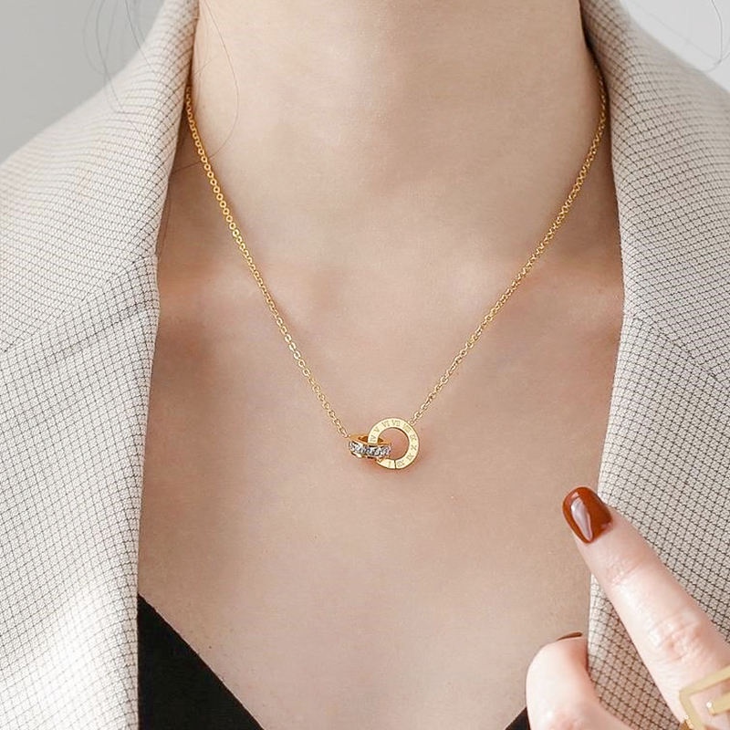 Vòng cổ titan không gỉ dây chuyền titan mạ vàng 18k đính đá zircon khắc số la mã phong cách ins hàn quốc