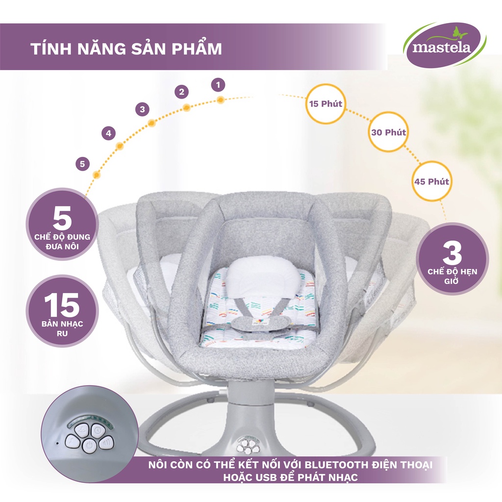 Nôi điện ru ngủ cho bé đa năng Mastela 8104/8106 - Nôi điện ru ngủ kết hợp ghế ăn, ghế thư giãn đọc sách, 5 chế độ xoay