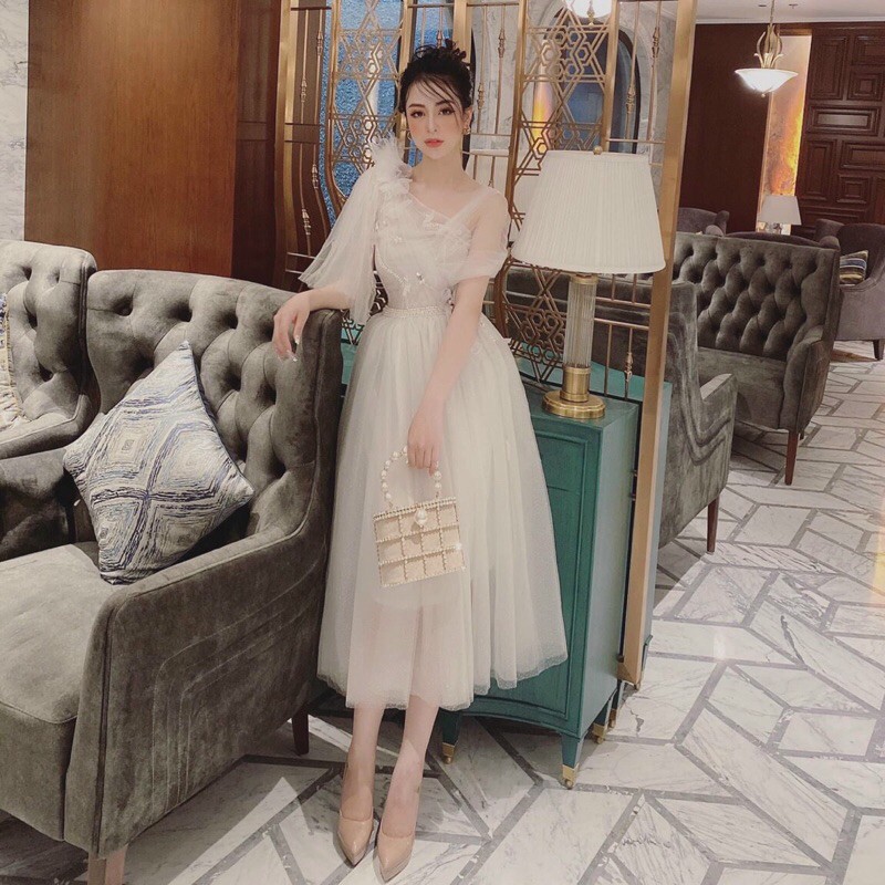Đầm xoè dự tiệc sang trọng lệch 1 vai tay loa lưới nhũ kết hoa nổi TRIPBLE T DRESS -size M/L  - MS218V