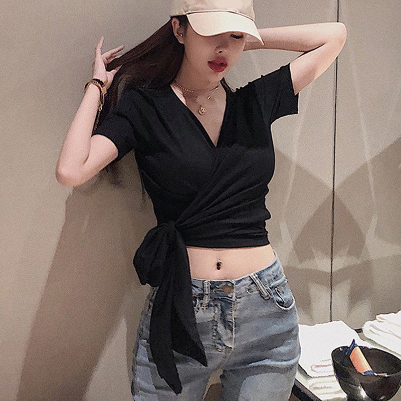 Áo thun tay ngắn cổ chữ V thiết kế hở lưng quyến rũ