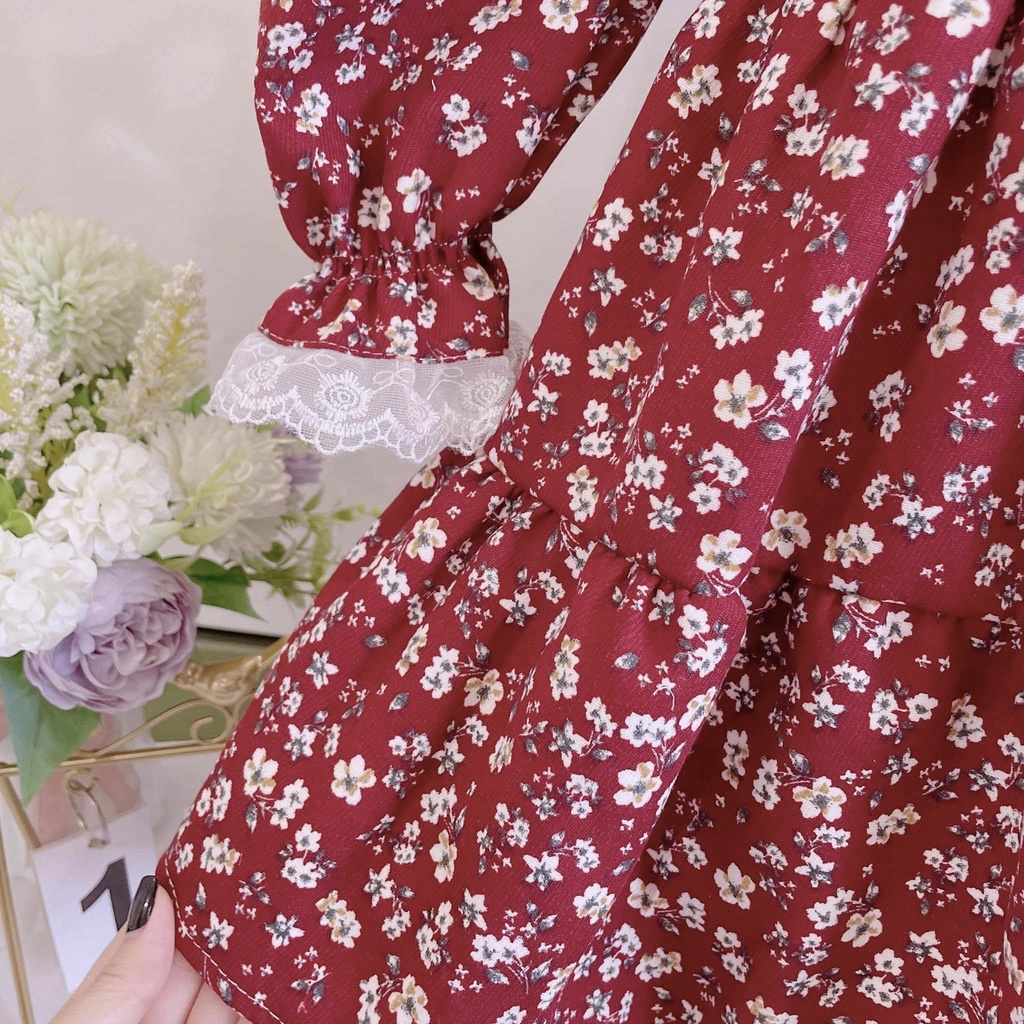 Váy thu đông dài tay cho bé gái từ 7-40kg chất nhung tăm lỳ màu đỏ hoa nhí ren trắng viền cổ và tay