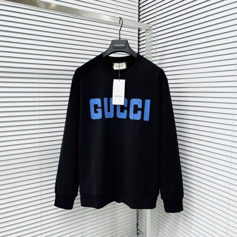 Áo nỉ sweater nam nữ dài tay in chữ GG xanh trước ngực phối bo ống dày dặn kiểu dáng basic