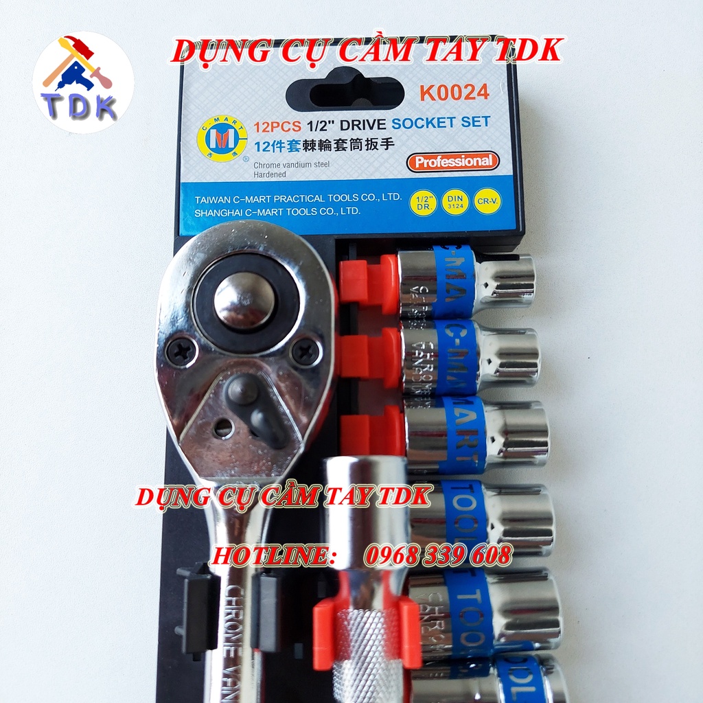 Bộ tuýp 12 chi tiết bằng thép CR-V cao cấp K0024 CMART, bộ khẩu sửa chữa xe máy