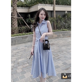 Váy kẻ ô caro xanh buộc nơ eo