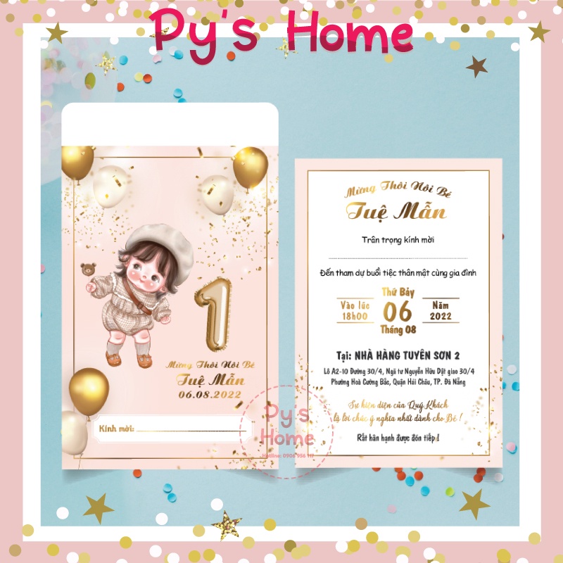Thiệp Thôi Nôi - Sinh Nhật thiết kế cho Bé Gái - Chủ đề CHIBI Hồng Gold