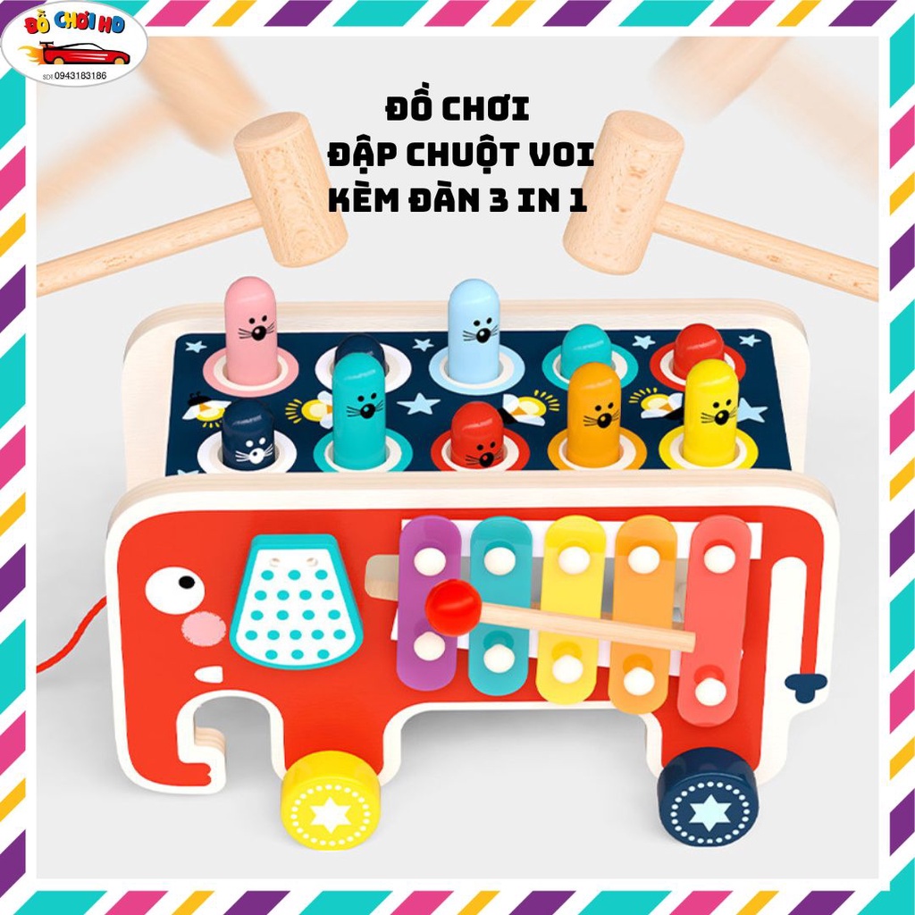 Đồ chơi gỗ xe kéo đập chuột hình con voi kèm đàn, kèm bánh răng bằng gỗ luyện phản xạ cho bé