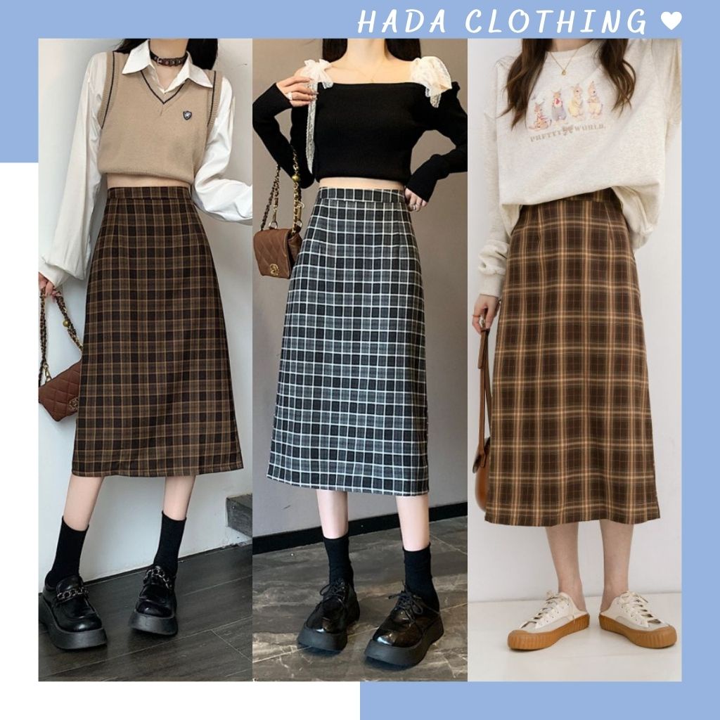 Chân váy dài kẻ caro vintage Hada, phong cách retro hàng Quảng Châu chất đẹp - CV07