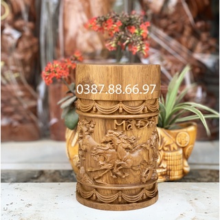 Hộp đựng chè lọ đựng trà trạm khắc mã đáo thành công cao 20cm chất liệu gỗ bách xanh cực đẹp
