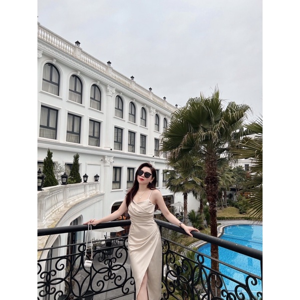 ( Ảnh thật ) 7266 Váy 2 dây lụa cổ xếp nhún eo